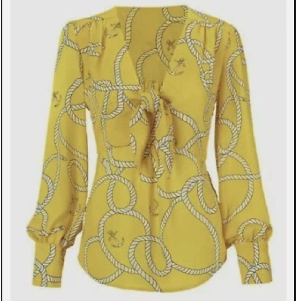 Cabi Reef Knot Blouse #5707 Yellow White Rope Tie Neck Medium